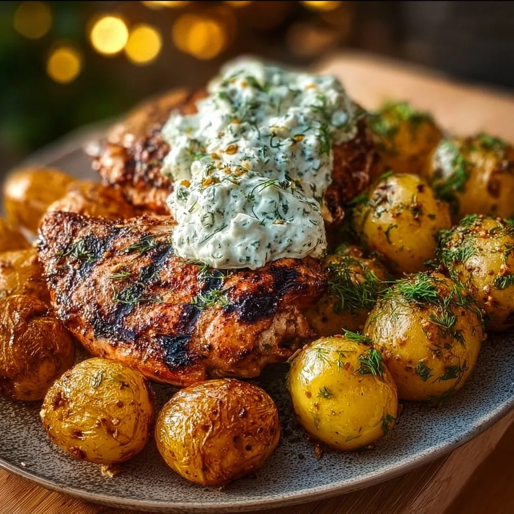 Grilled Chicken with Dill Feta Cream and Baby Potatoes