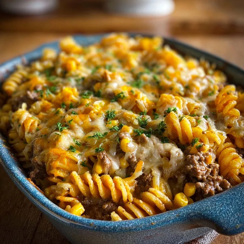Loaded Cheddar Ranch Beef and Sweet Corn Rotini Bake