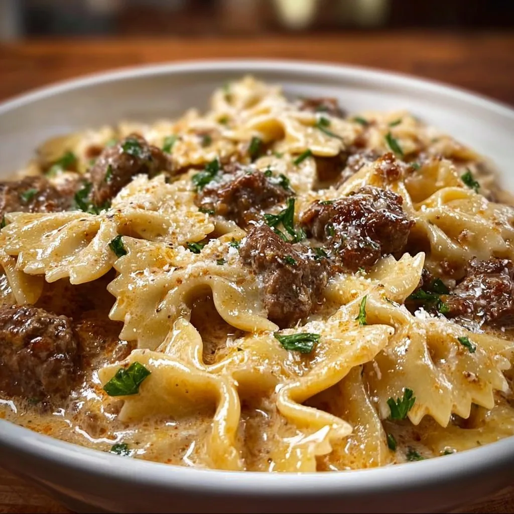 Irresistibly Creamy Parmesan Garlic Beef Bowtie Pasta Delight