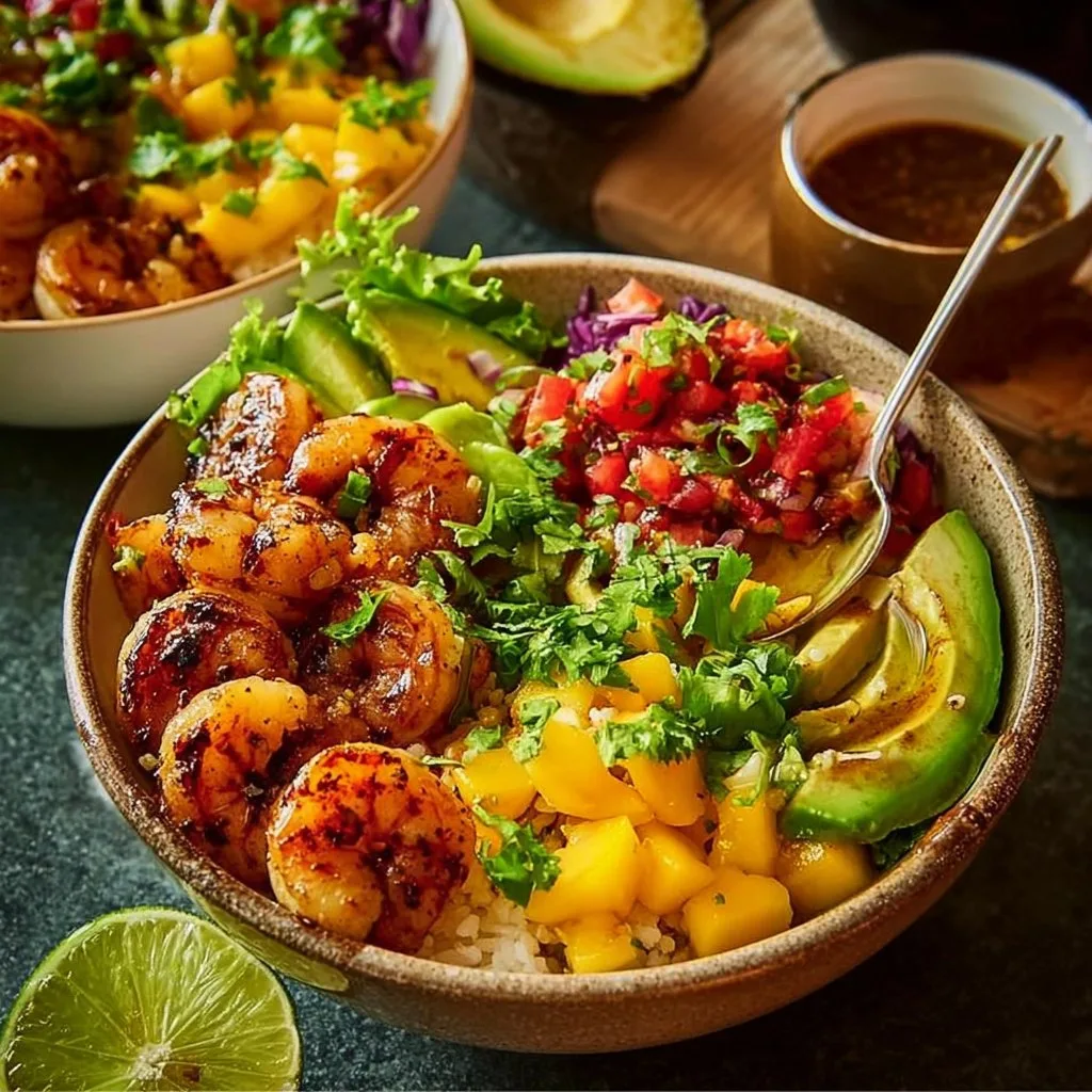 Shrimp and Avocado Bowls with Mango Salsa & Lime-Chili Sauce