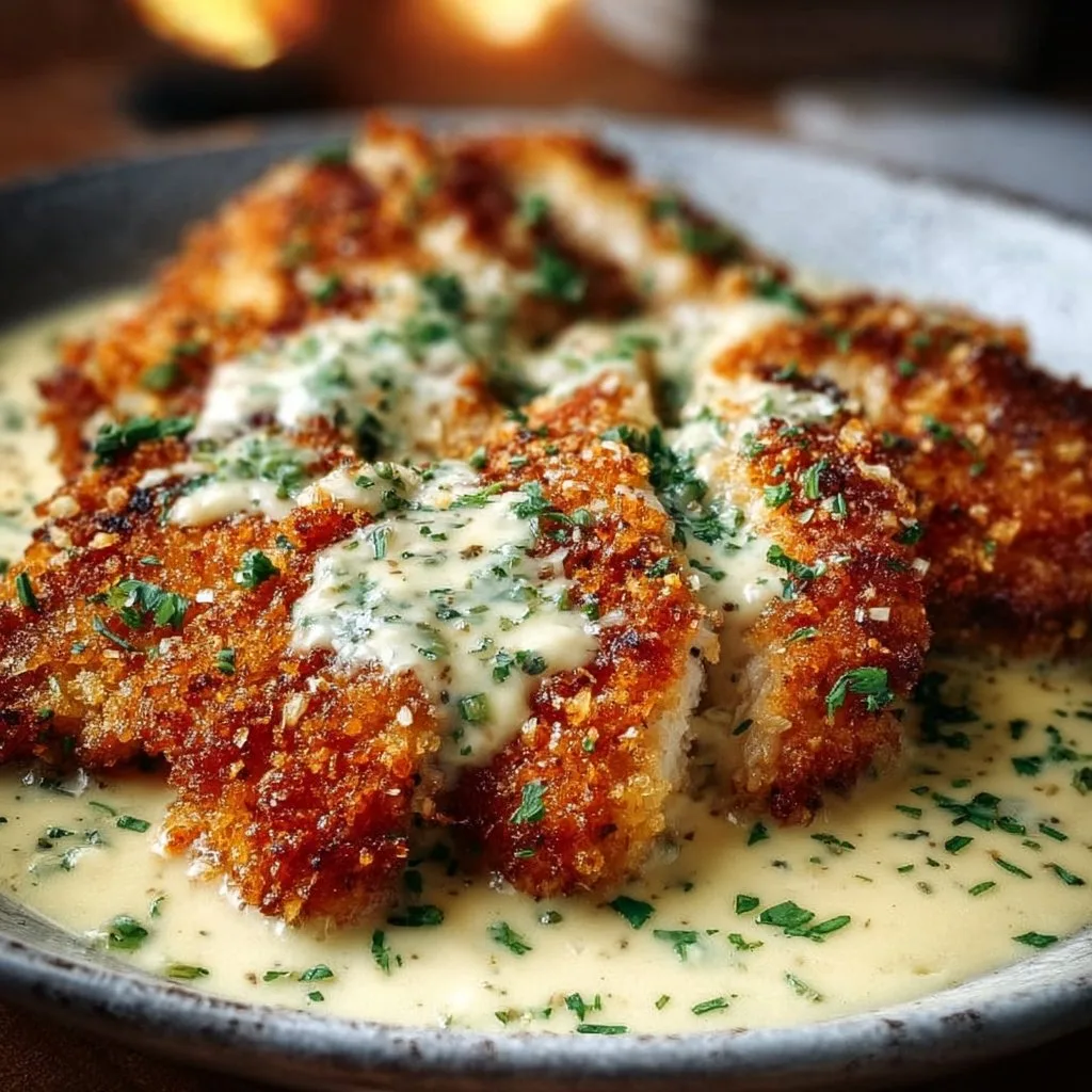 Crispy Parmesan Chicken with Garlic Cream Sauce