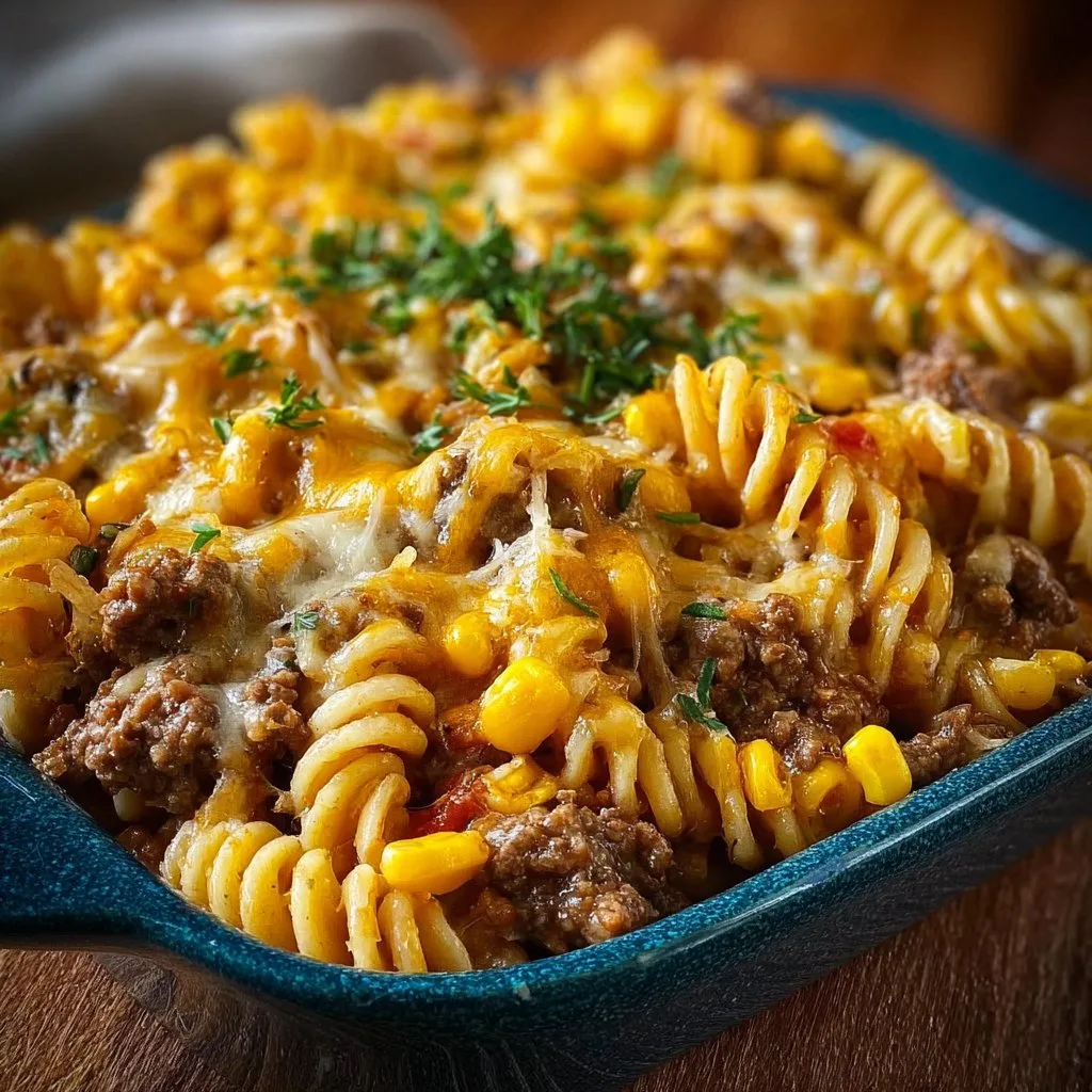 Loaded Cheddar Ranch Beef and Sweet Corn Rotini Bake