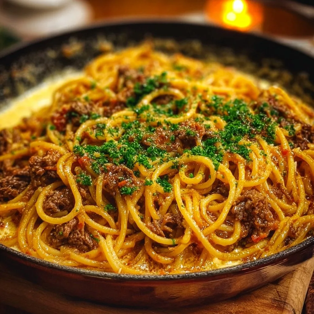 Cajun Beef Spaghetti in Creamy Three-Cheese Parmesan Sauce
