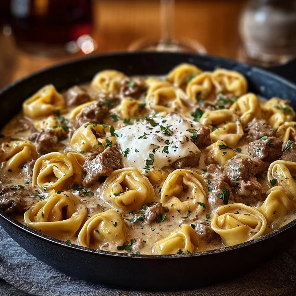 Indulgent Skillet Beef Stroganoff Tortellini in Creamy Sauce