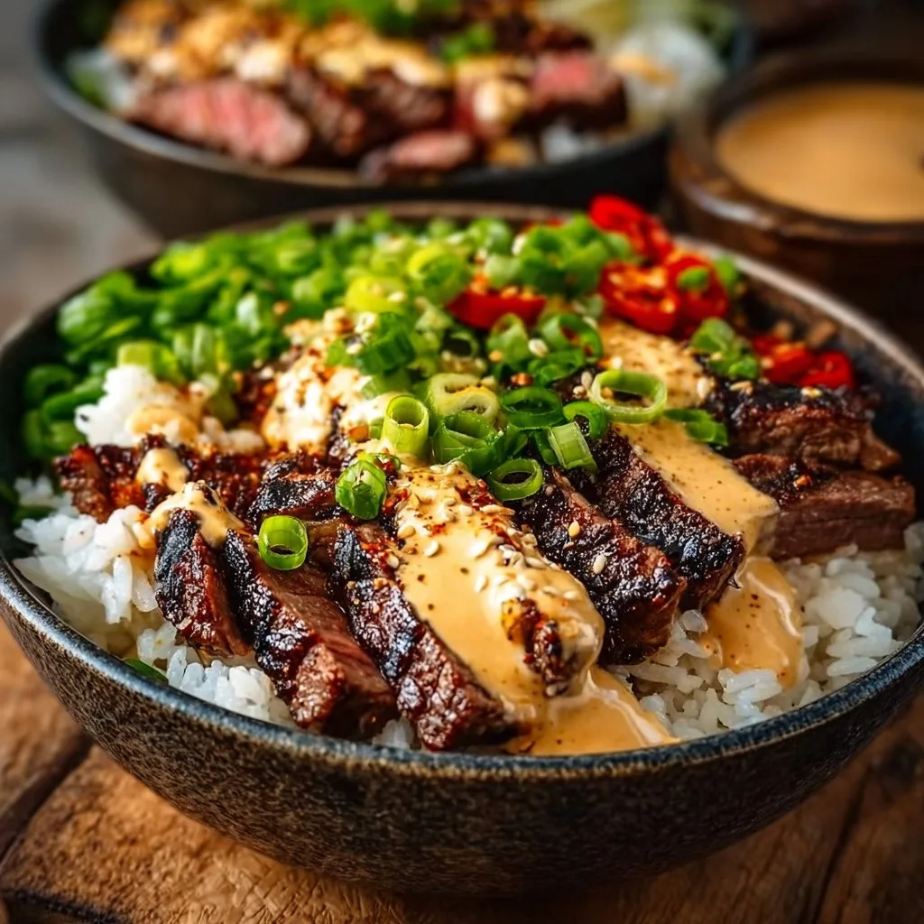 Korean BBQ Steak Rice Bowls with Spicy Cream Sauce