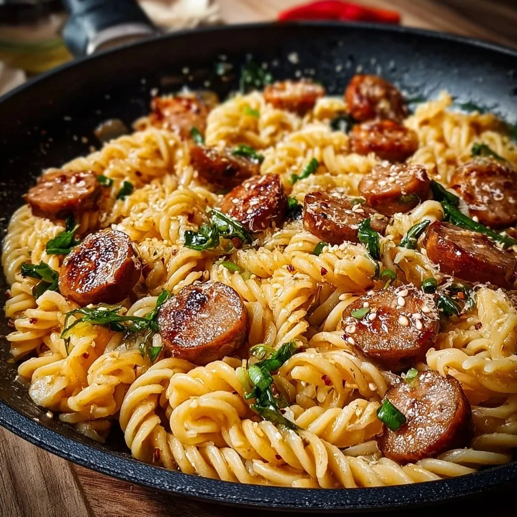 Sticky Honey Garlic Sausage Pasta Skillet