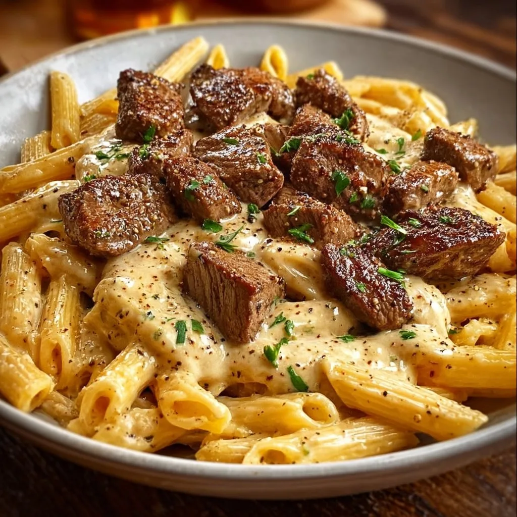 Cajun Steak Tips with Penne in Creamy Parmesan Cheese Sauce