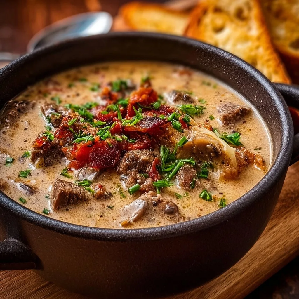 One-Pot Philly Cheesesteak Soup with Bacon and Cheesy Toast
