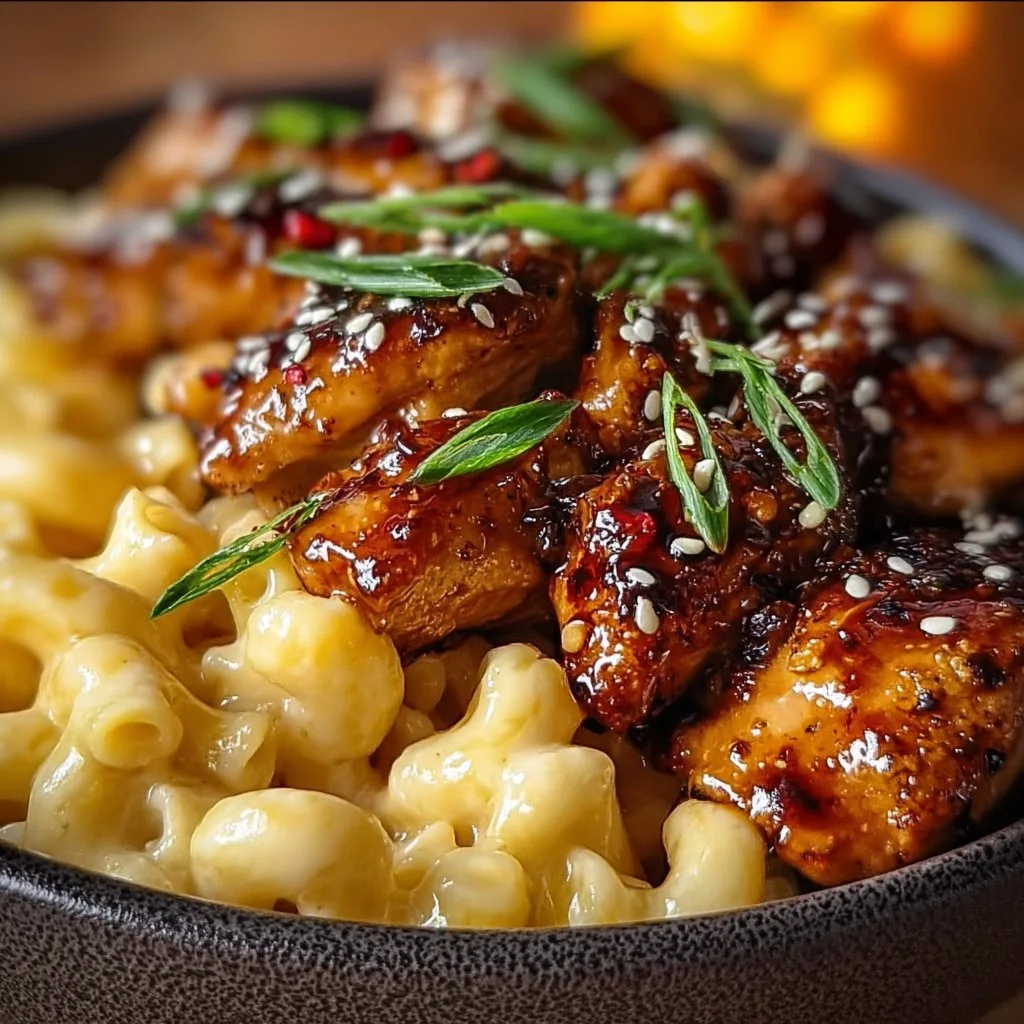 Sweet and Spicy Honey Pepper Chicken with Creamy Mac and Cheese