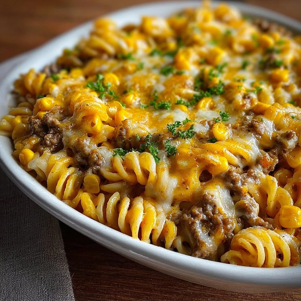 Loaded Cheddar Ranch Beef and Sweet Corn Rotini Bake
