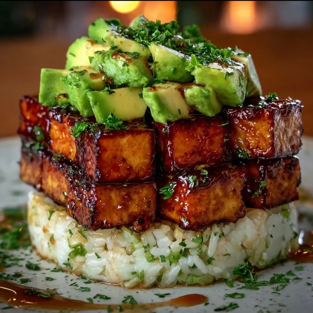 Crispy Teriyaki Tofu and Avocado Rice Stack Recipe