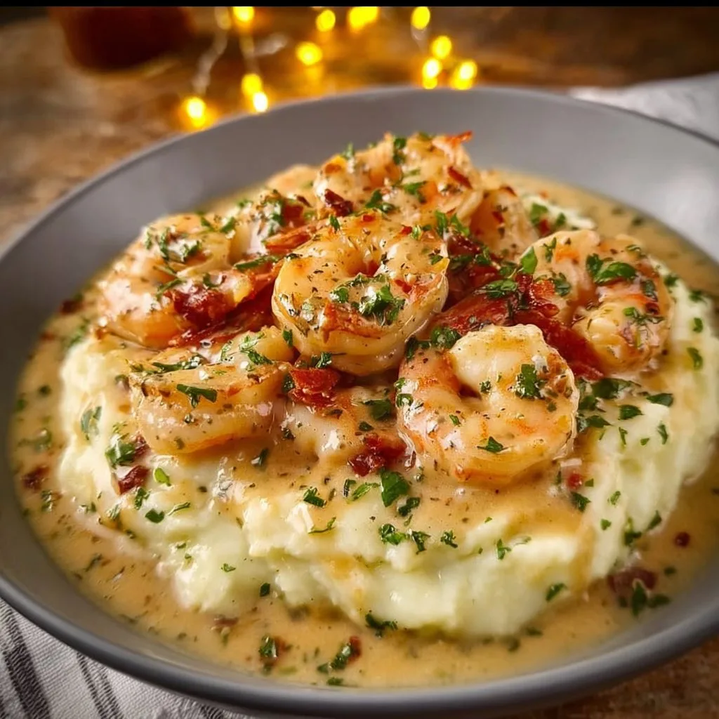 Creamy Garlic Shrimp Over Mashed Potatoes