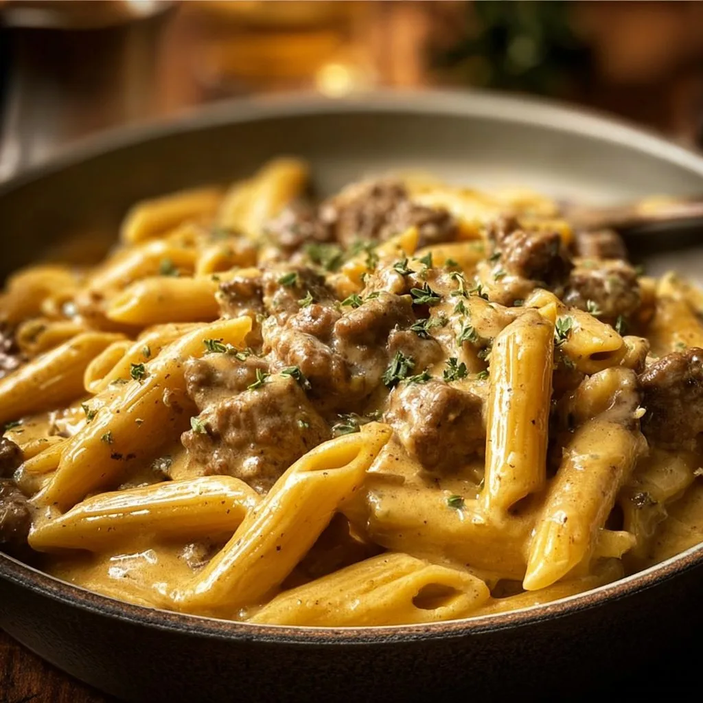 Creamy Velveeta Beef Stroganoff and Penne Pasta