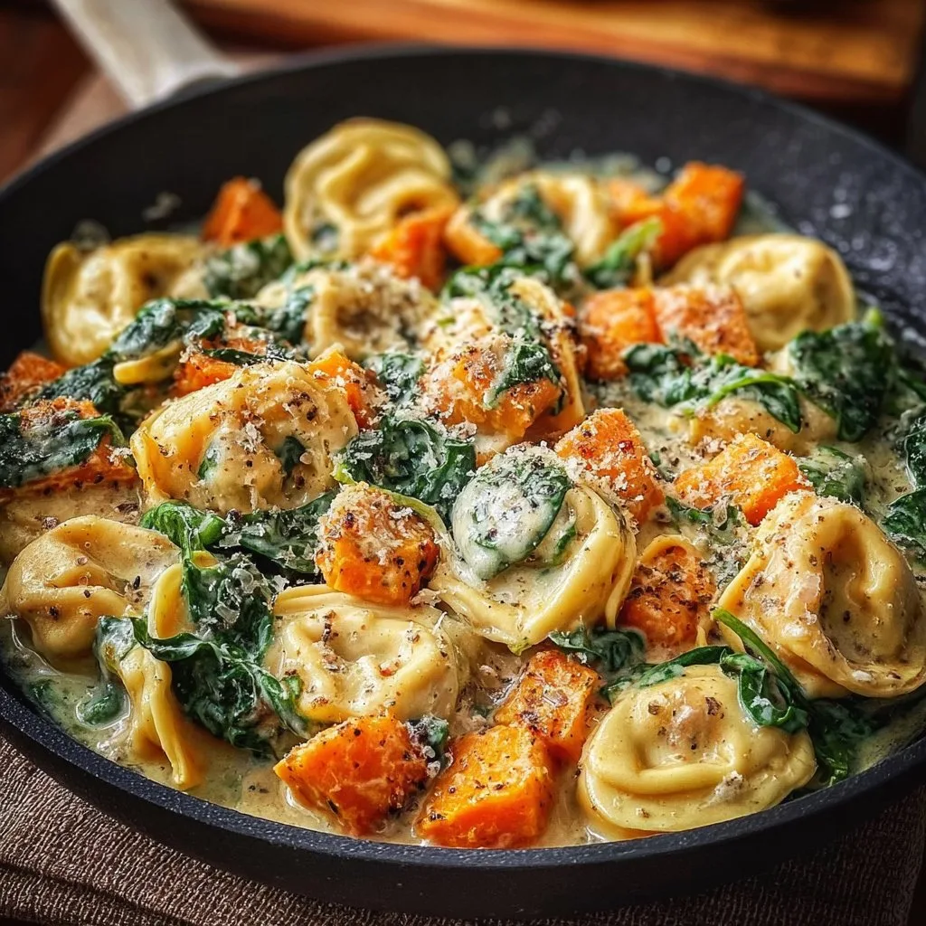 Creamy Skillet Tortellini with Sweet Potato and Spinach