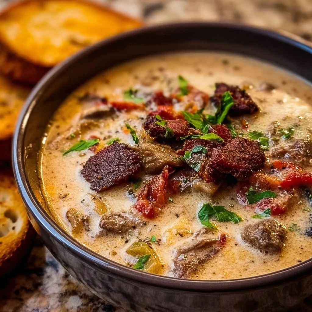 One-Pot Philly Cheesesteak Soup with Bacon and Cheesy Toast