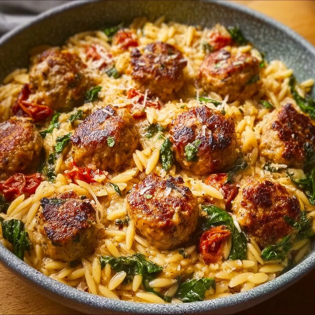 Tuscan Chicken Meatballs and Orzo