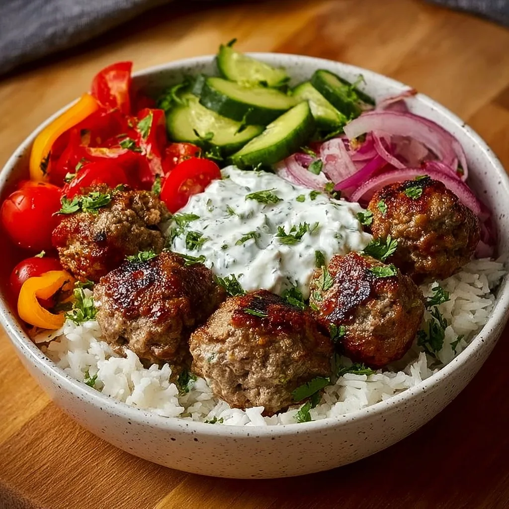 Greek Meatball Bowl with Tzatziki, Rice & Fresh Veggies
