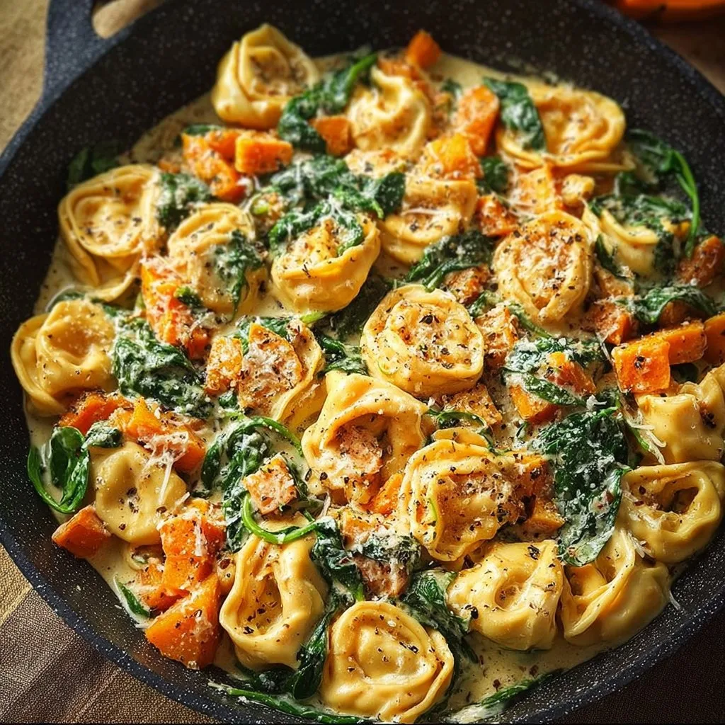 Creamy Skillet Tortellini with Sweet Potato and Spinach