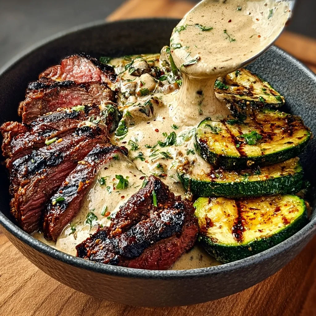 Grilled Steak Bowl with Creamy Sauce & Grilled Zucchini