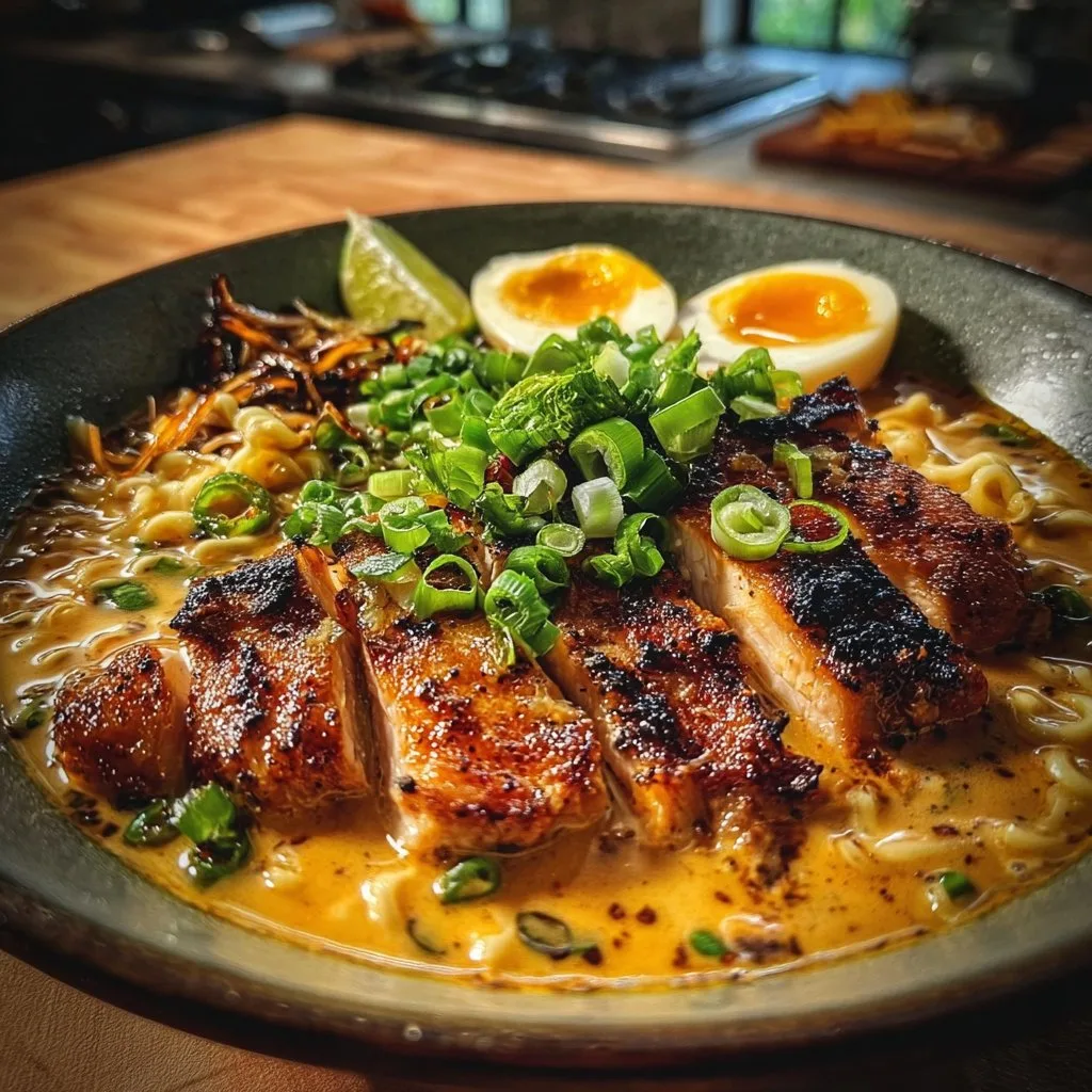 Fiery Chicken Ramen with Creamy Garlic Sauce