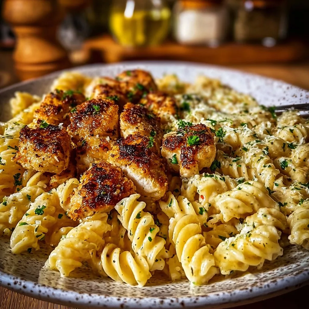 Crispy Garlic Parmesan Chicken with Creamy Rotini Pasta