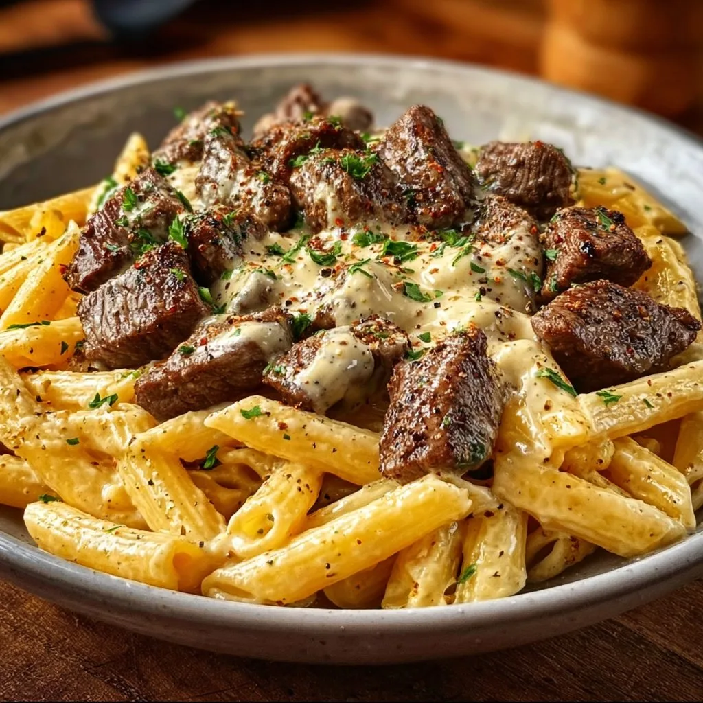 Cajun Steak Tips with Penne in Creamy Parmesan Cheese Sauce