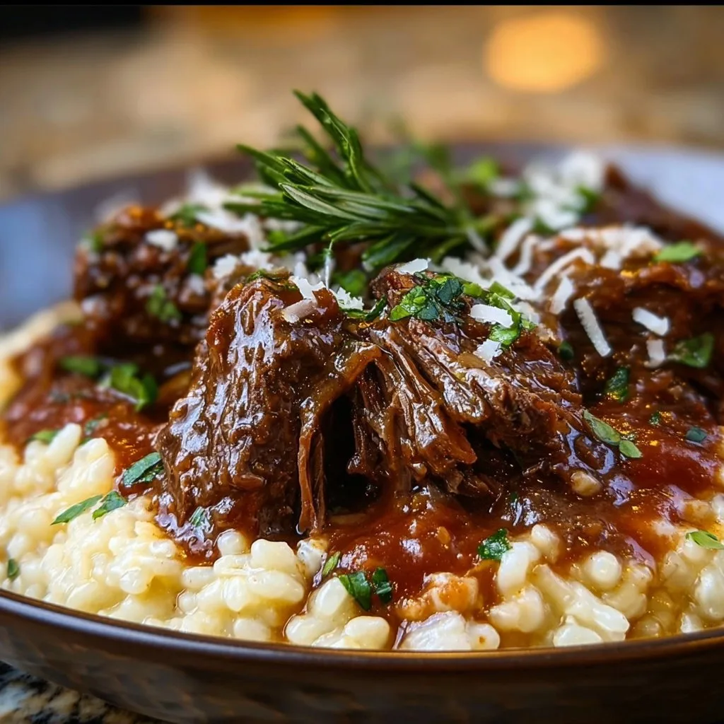 Slow-Braised Pot Roast with Tomato-Basil Sauce and Parmesan Risotto