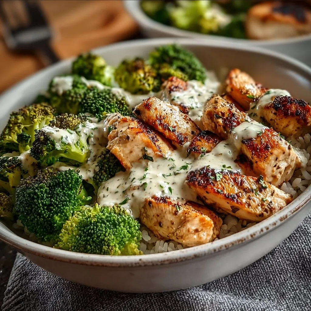Grilled Chicken and Broccoli Bowls with Creamy Garlic Sauce