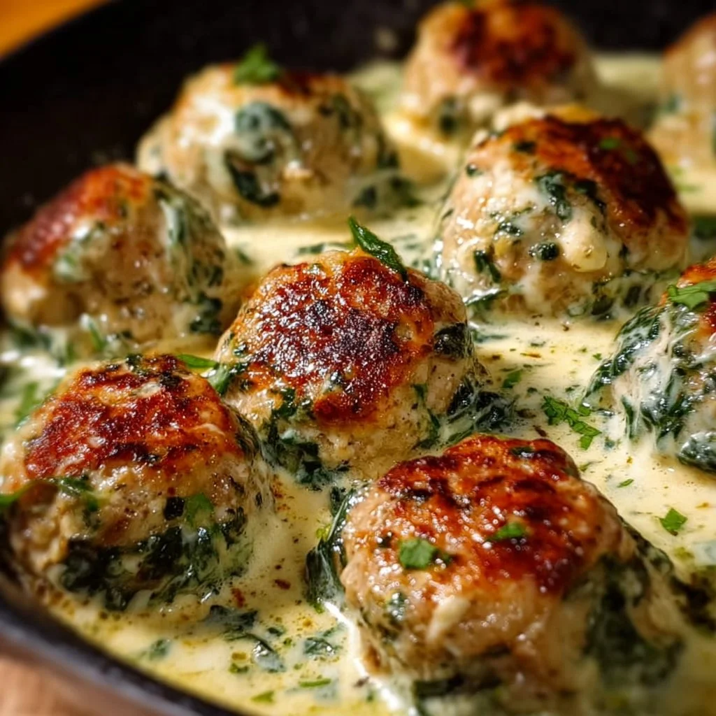 Baked Chicken Ricotta Meatballs in Creamy Spinach Alfredo Sauce