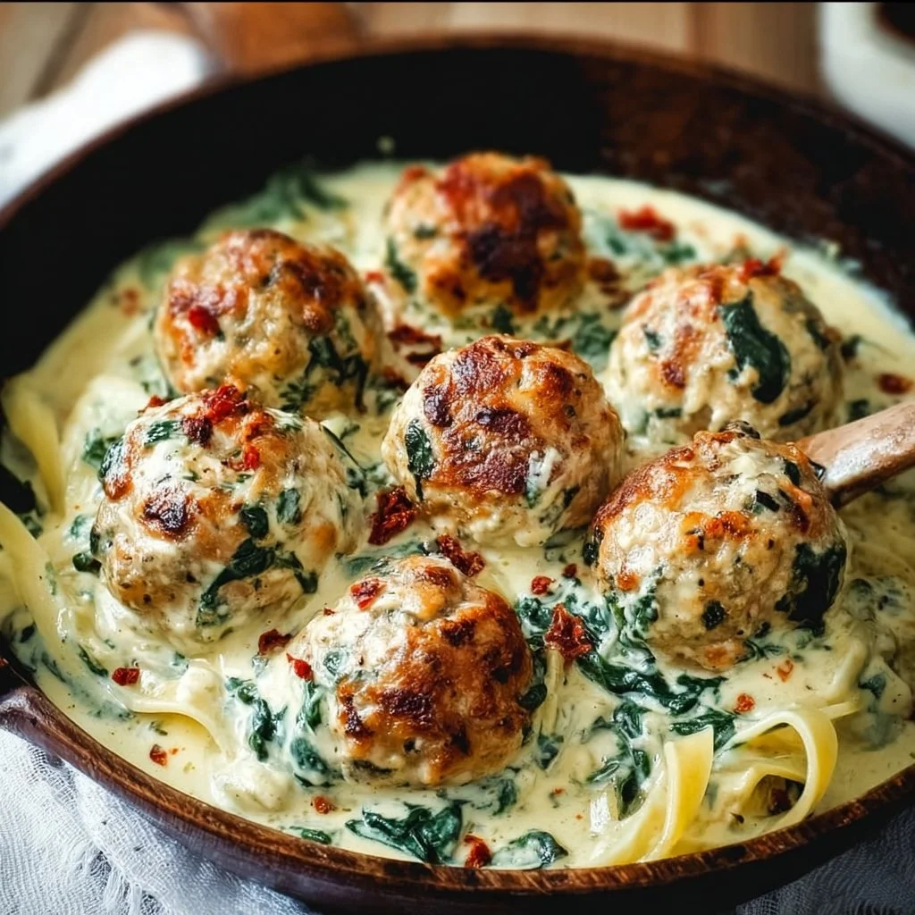 Baked Chicken Ricotta Meatballs with Spinach Alfredo Sauce