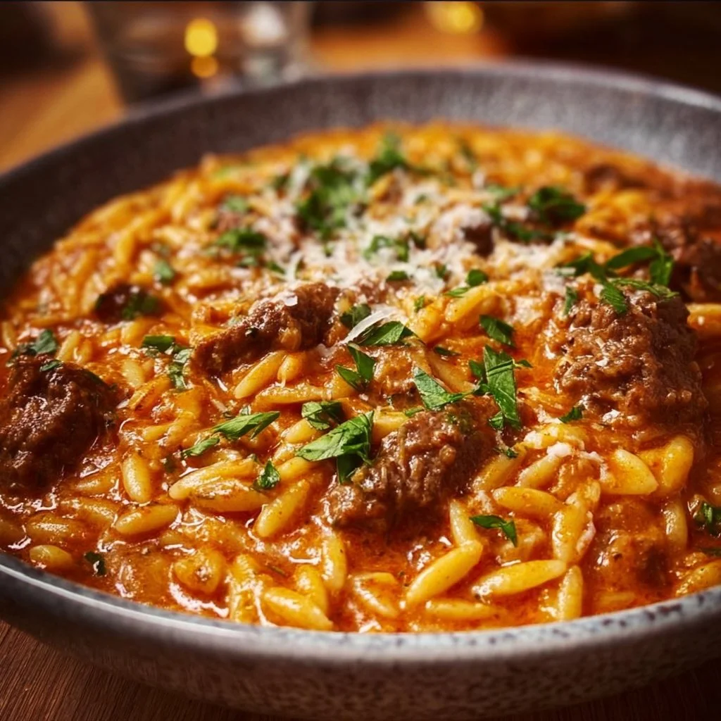 Beef Orzo with Tomato Cream Sauce