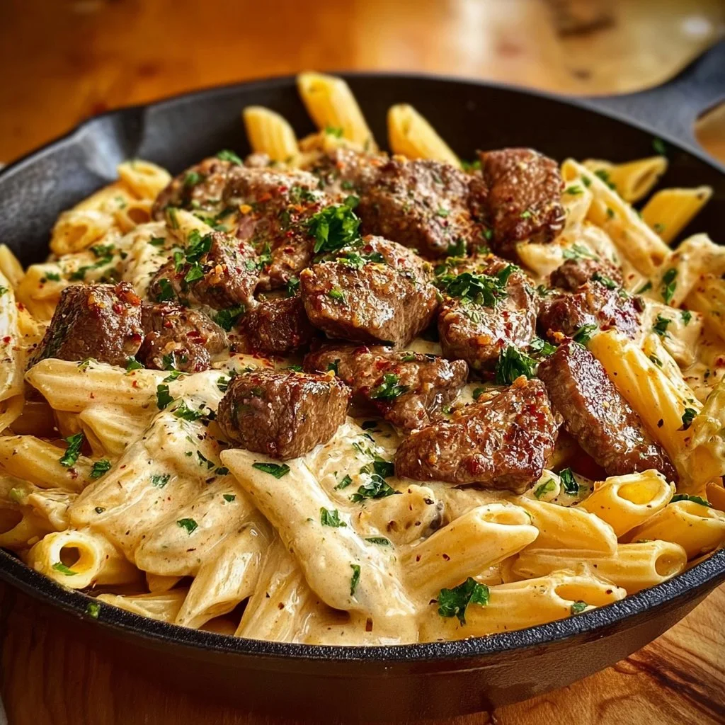 Cajun Steak Tips with Penne in Creamy Parmesan Cheese Sauce