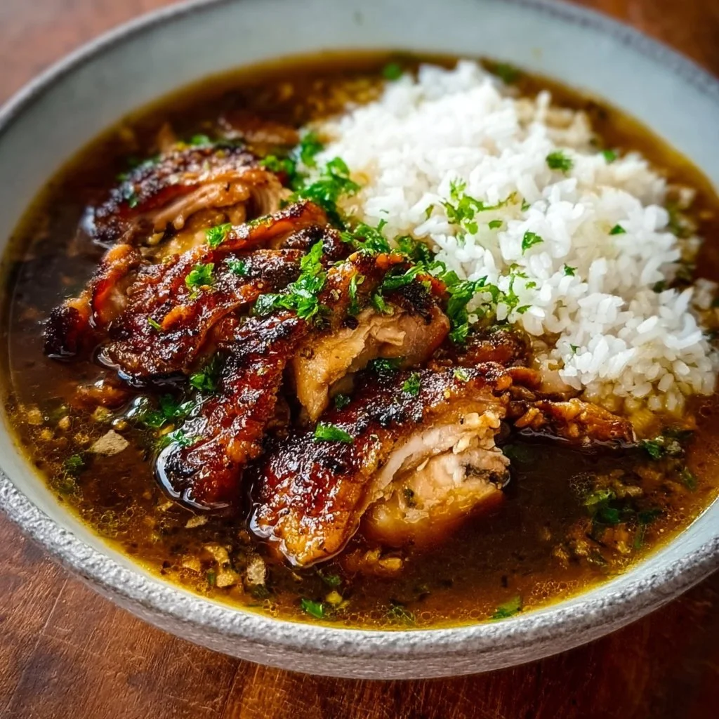 Caramelised Soy Chicken in Garlic Ginger Broth with Rice
