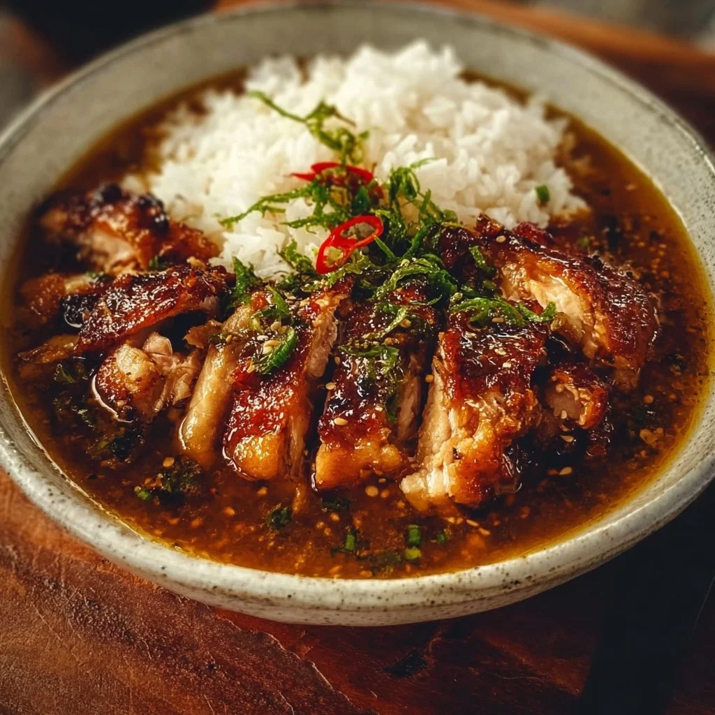 Caramelised Soy Chicken in Garlic Ginger Broth with Rice