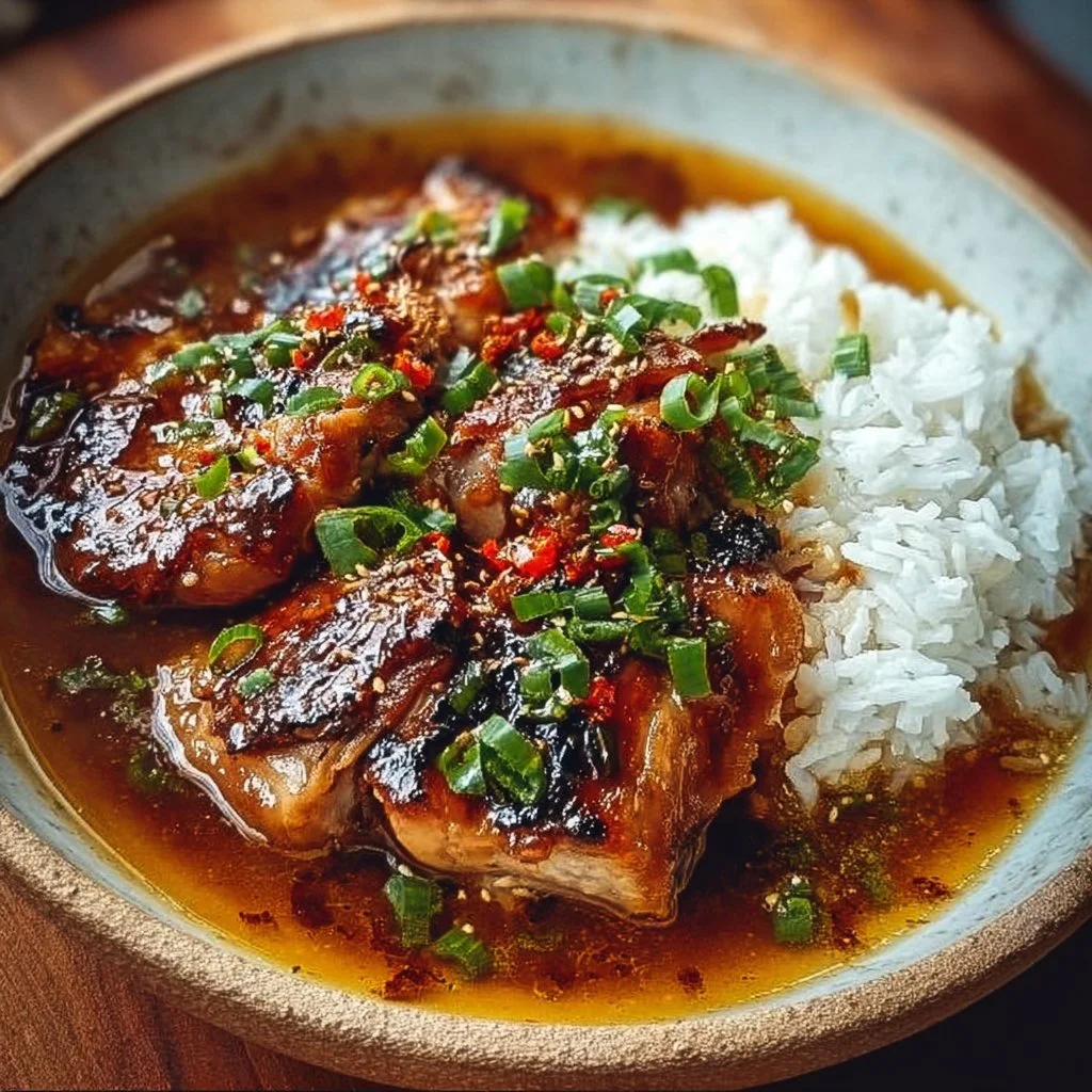 Caramelised Soy Chicken in Garlic Ginger Broth with Rice