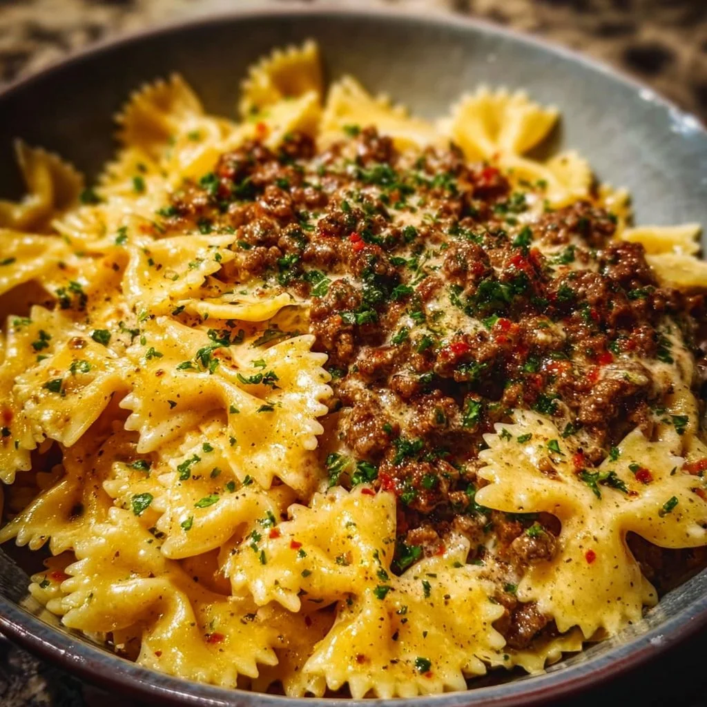 Cheesy Bowtie Pasta with Savory Cajun Ground Beef in Garlic Cream