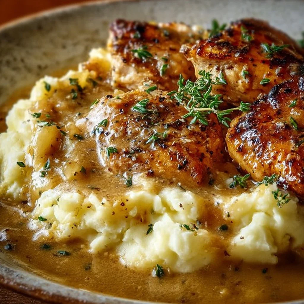 Chicken and Garlic Gravy with Cheesy Mashed Potatoes