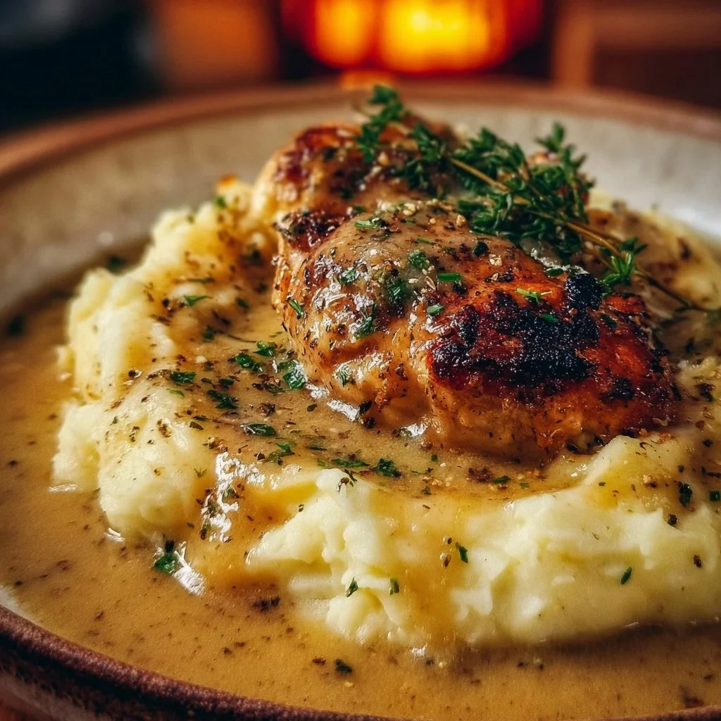 Chicken and Garlic Gravy with Cheesy Mashed Potatoes