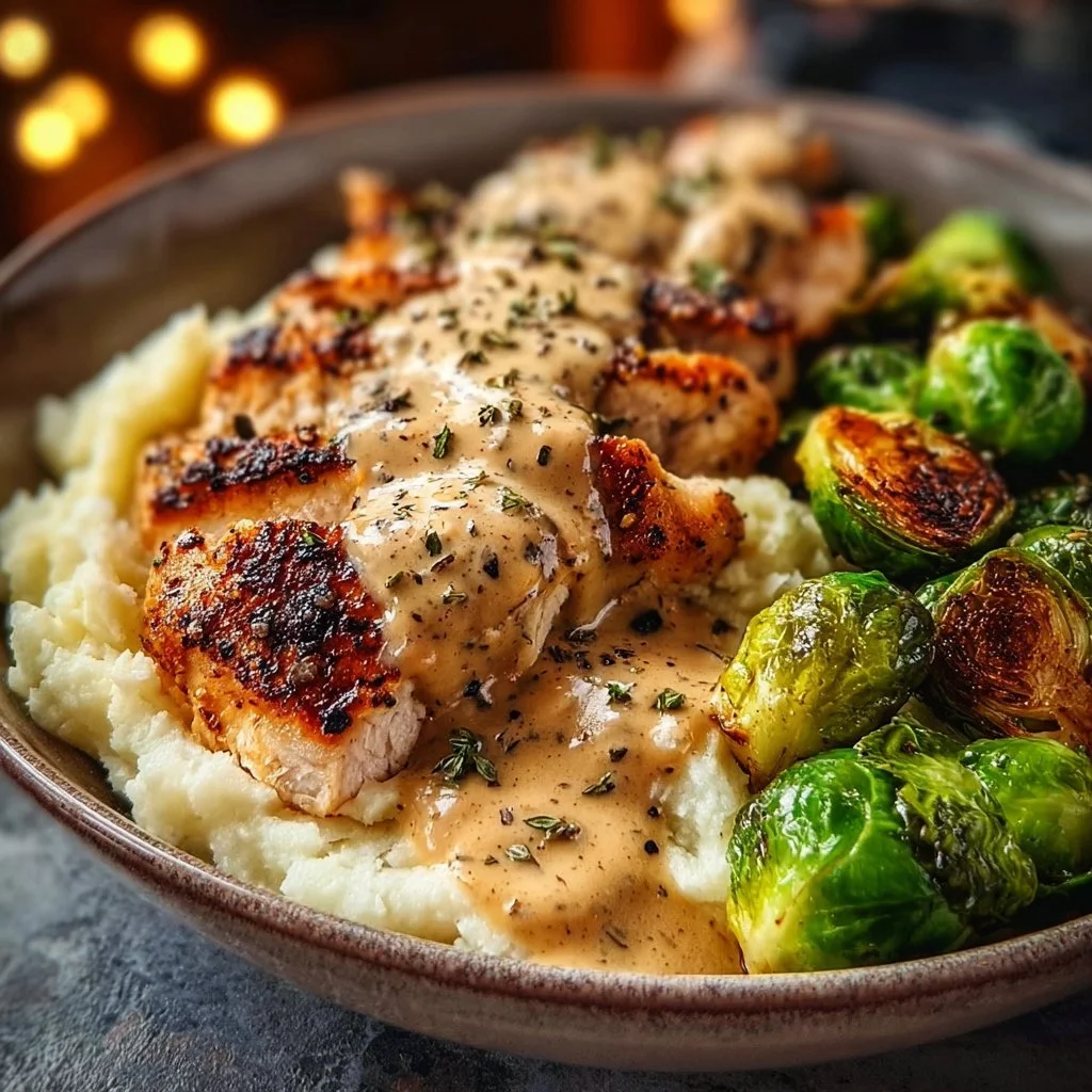 Creamy Black Pepper Chicken Bowl with Crispy Brussels & Mash