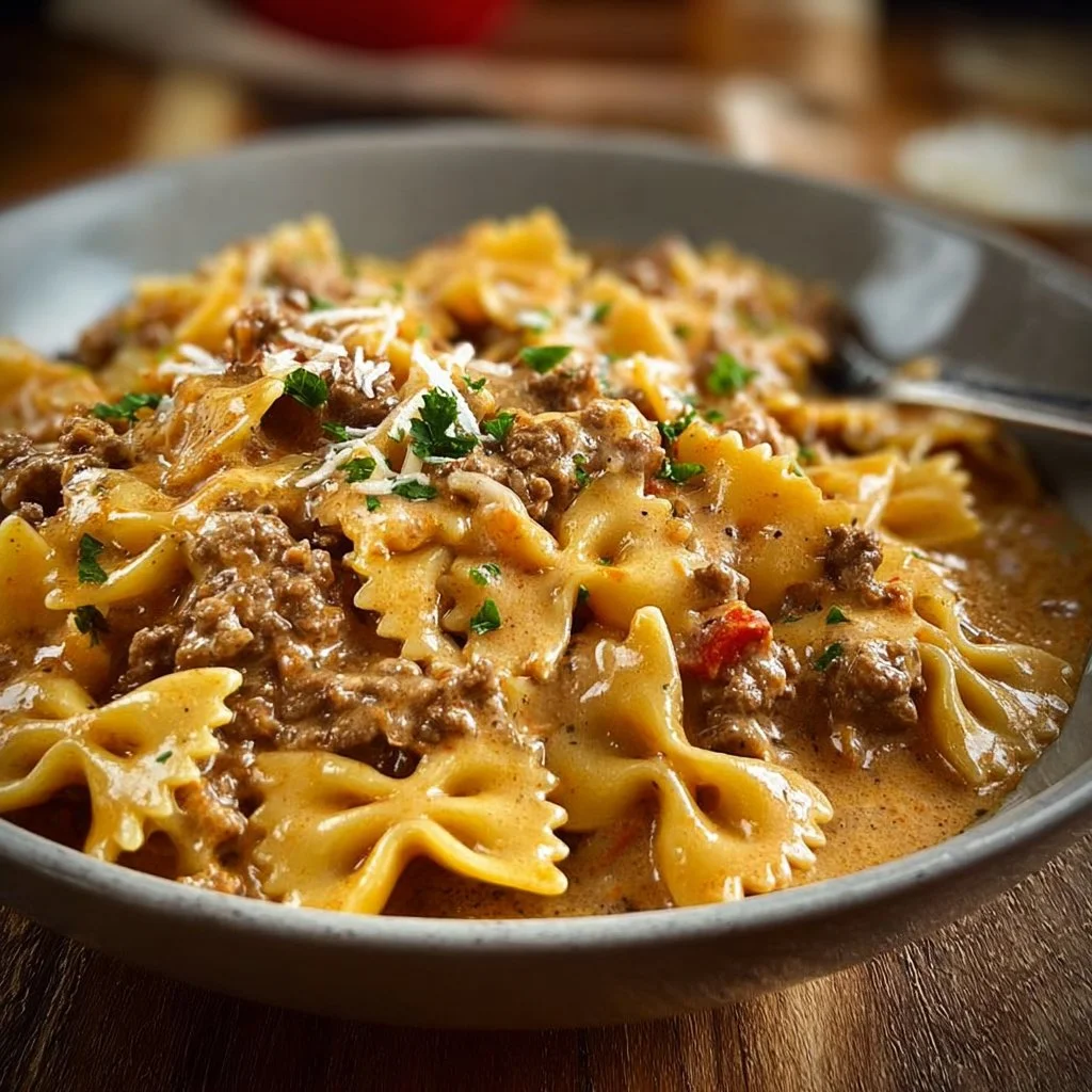 Creamy Bowtie Pasta with Ground Beef
