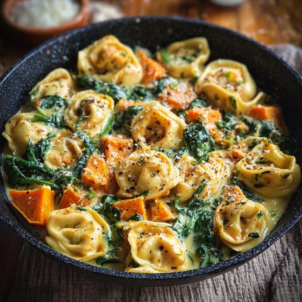 Creamy Skillet Tortellini with Sweet Potato and Spinach
