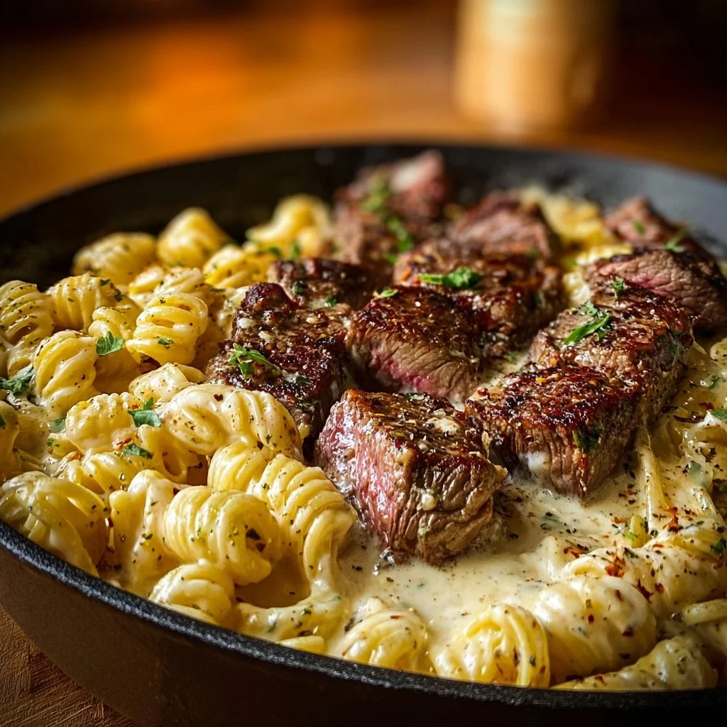 Garlic Butter Alfredo Steak Pasta