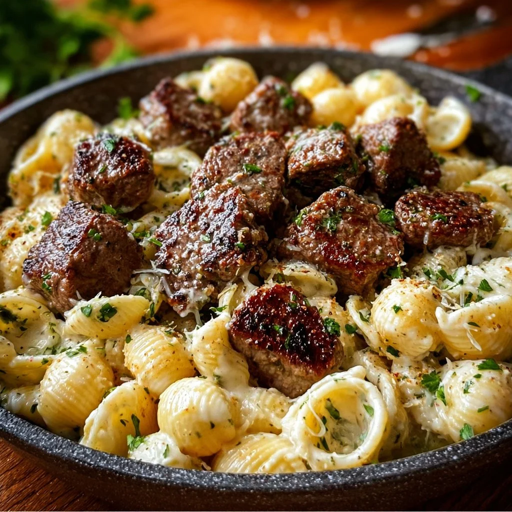 Garlic Butter Steak Bites with Parmesan Alfredo Shells