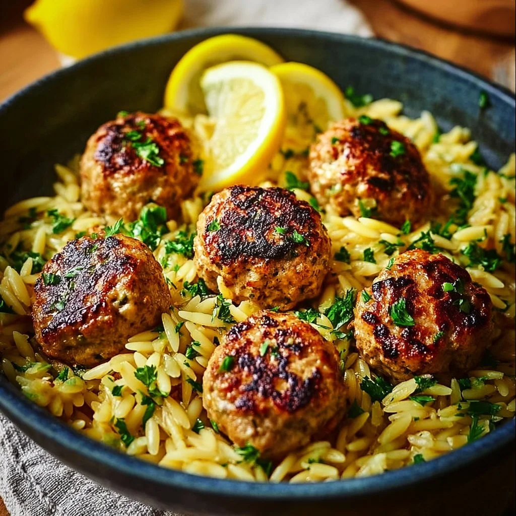 Greek Chicken Meatballs with Lemon Orzo