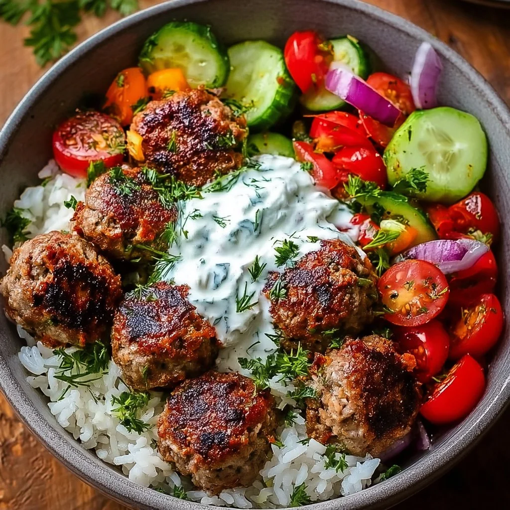 Greek Meatball Bowl with Tzatziki, Rice & Fresh Veggies
