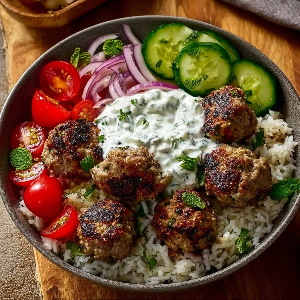 Greek Meatball Bowl with Tzatziki, Rice & Fresh Veggies