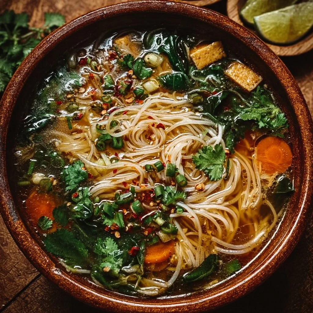 Healing Ginger Garlic Broth with Rice Noodles