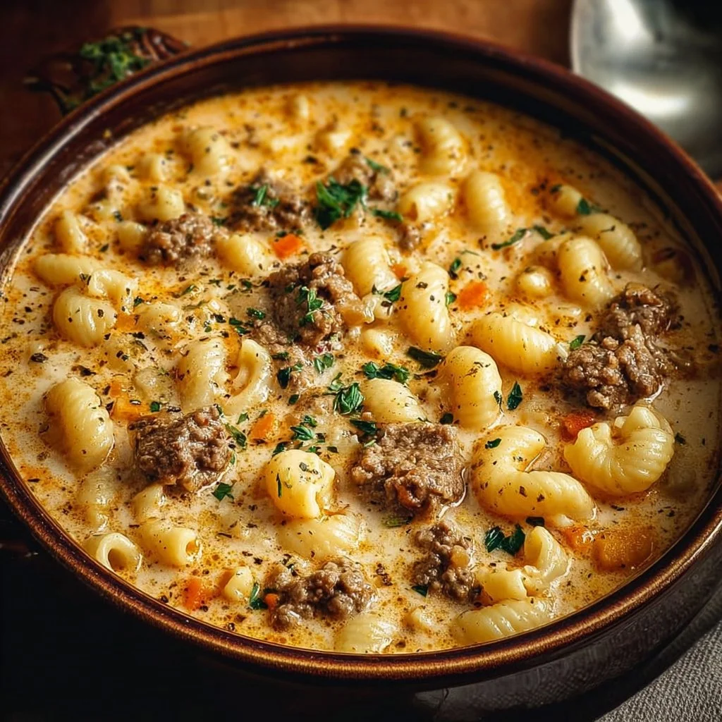 Indulgent Macaroni Cheeseburger Soup in Just One Pot