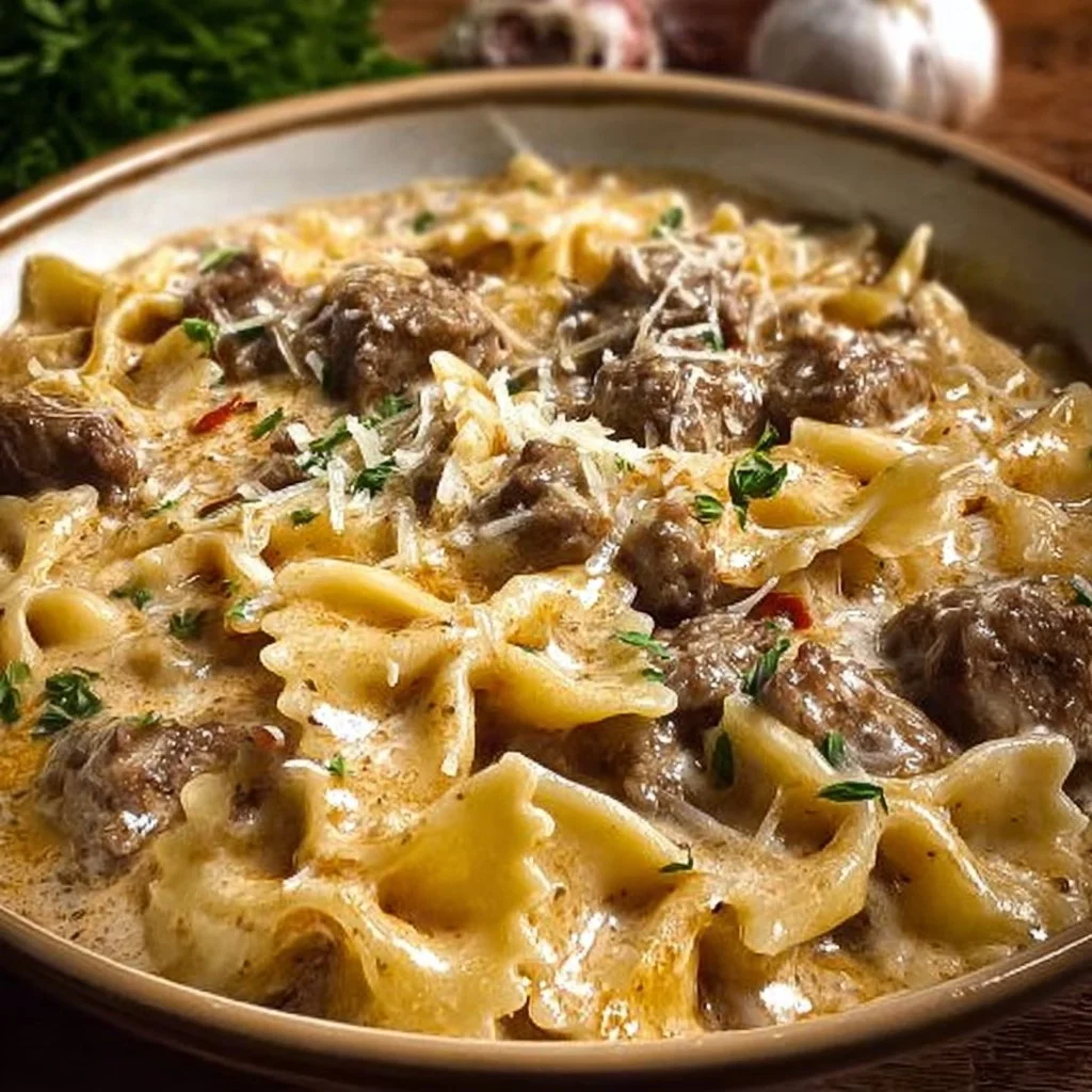 Irresistibly Creamy Parmesan Garlic Beef Bowtie Pasta Delight