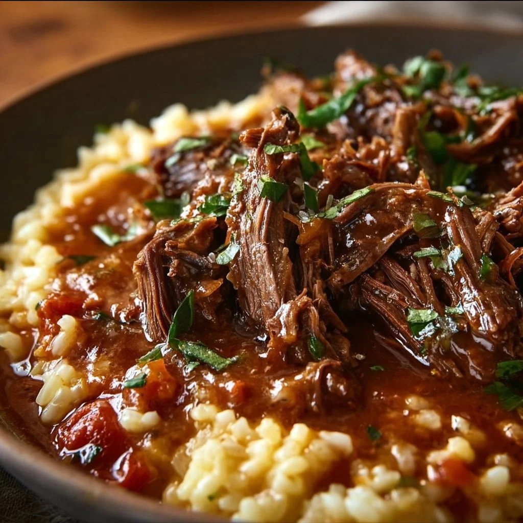 Italian Pot Roast with Tomato-Basil Sauce and Parmesan Risotto